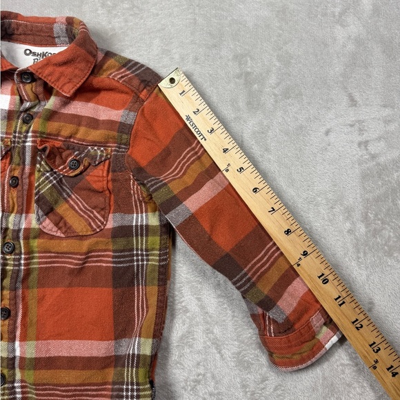 OshKosh B’gosh 100% Cotton Orange Green Brown Plaid Flannel Button Top Size 4T - Picture 9 of 16